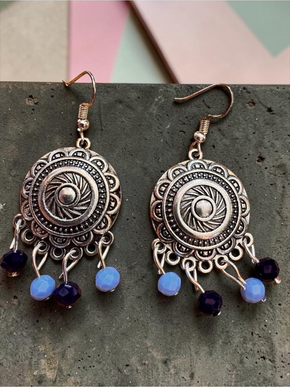 Silver Bohemian Medallion Dangle Earrings with Light Blue & Navy Beads